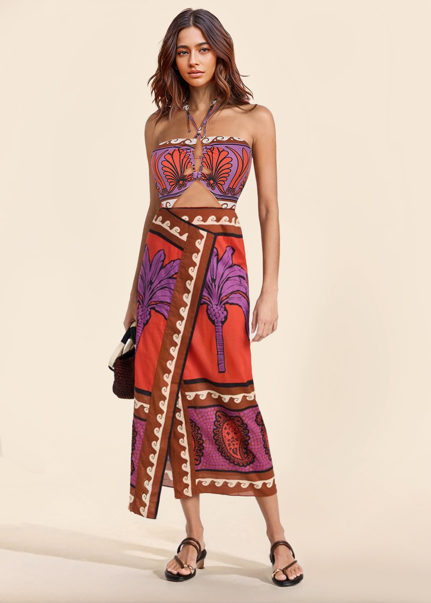 Unique Palm Tree Floral Strappy One-Piece Swimsuit
