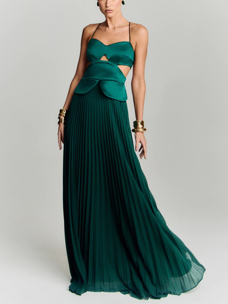 Elegant Cutout Pleated Satin Maxi Dress
