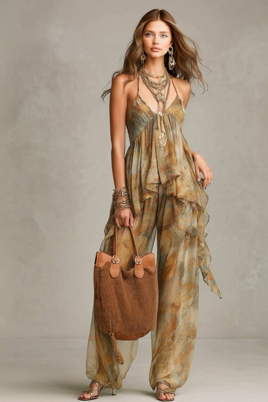 Printed Sling Top And Wide Leg Pants Set