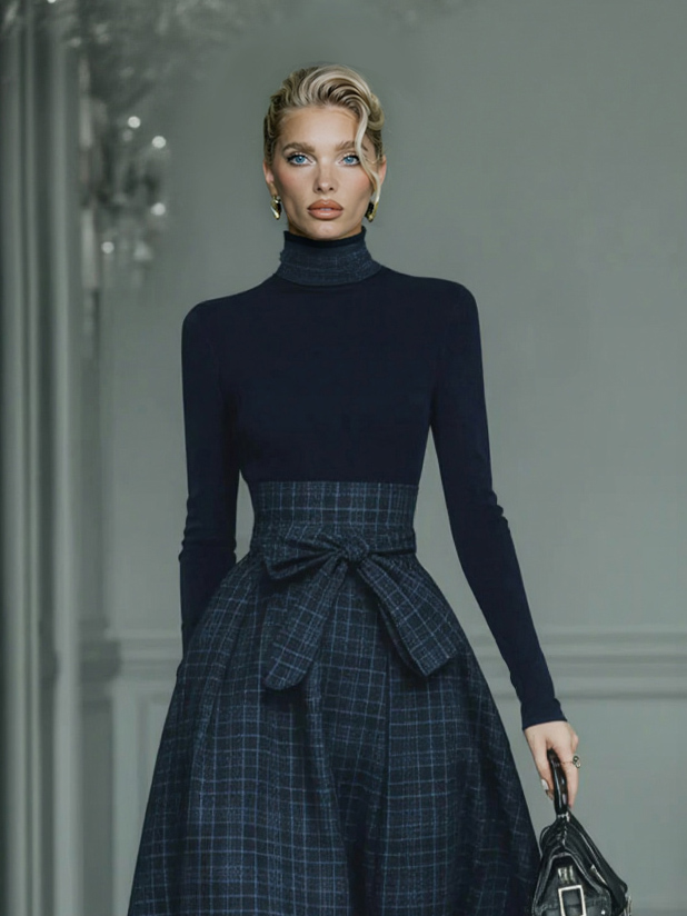 Exquisite High-neck Stretch Top And Plaid Skirt Two-piece Set