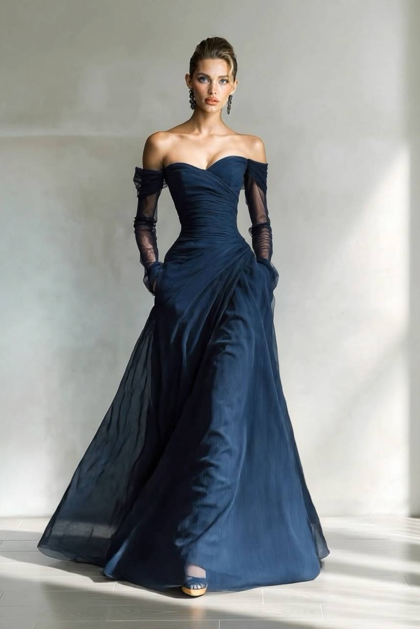 Off-Shoulder Mesh Splicing Maxi Dress