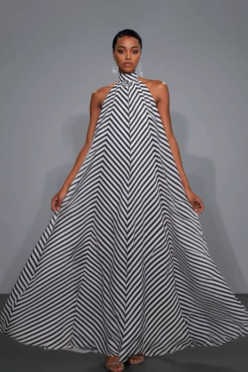 Striped Printed A- Line Maxi Dress