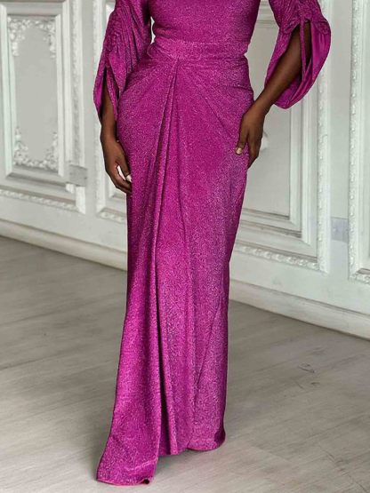 Elegant Metallic Knit Drawstring Sleeve Maxi Dress