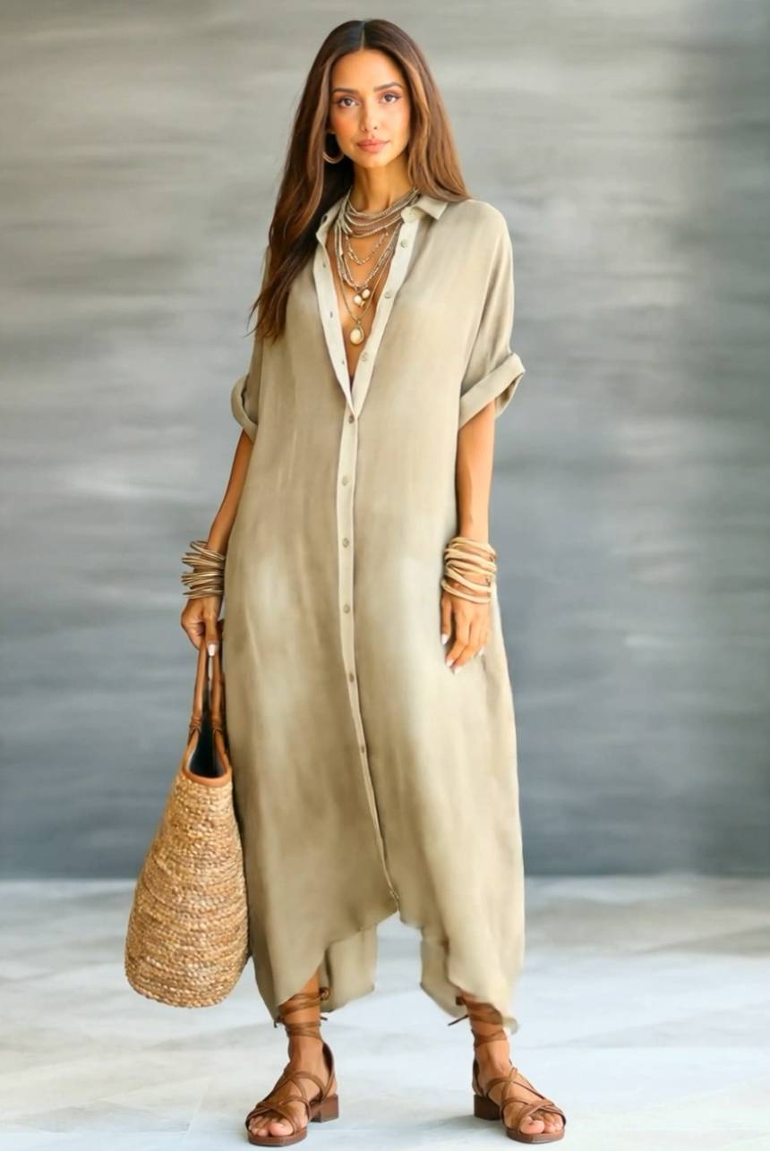 Color Contrast Loose Maxi Shirt Dress