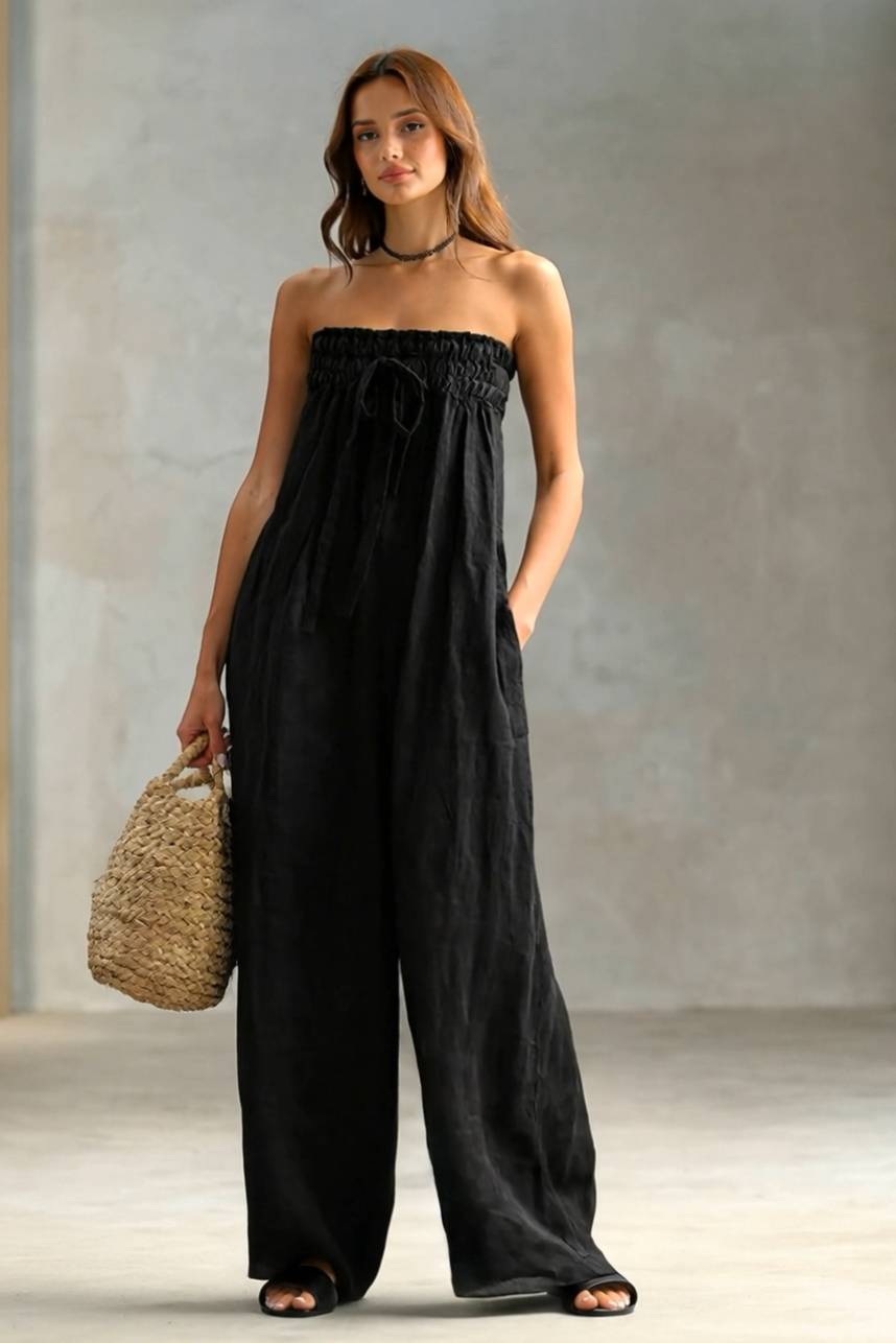 Pleated  Design Strapless Jumpsuit 