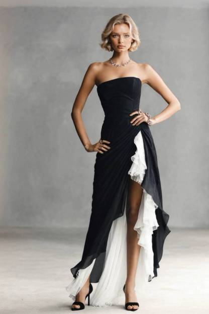 Strapless Slit Ruffled Maxi Dress