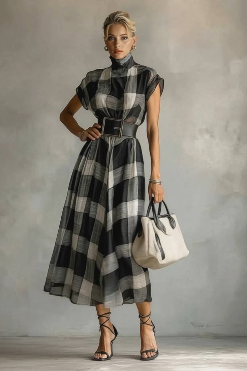 Checked Pattern Stand-Collar Short-Sleeved Dress