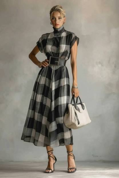 Checked Pattern Stand-Collar Short-Sleeved Dress