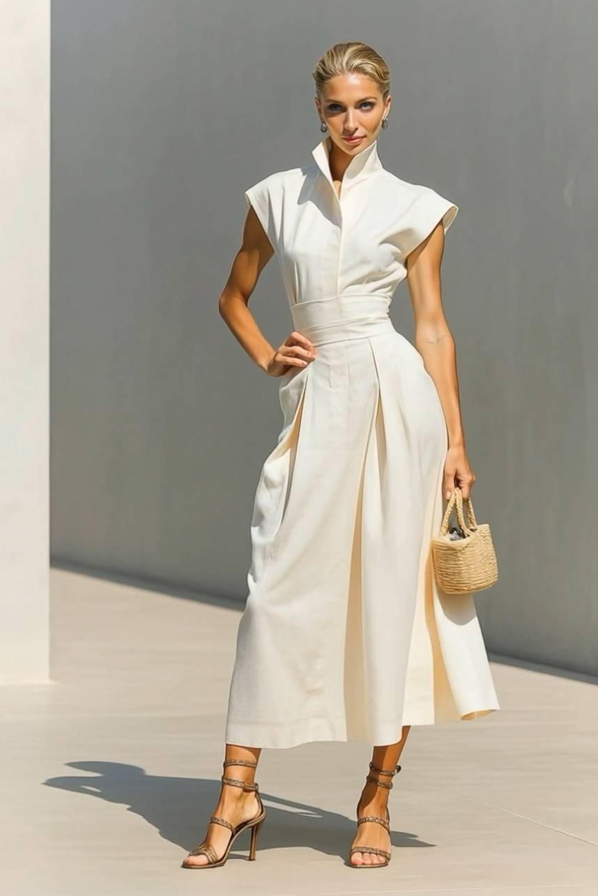 Stand-Collar High-waisted Midi Dress