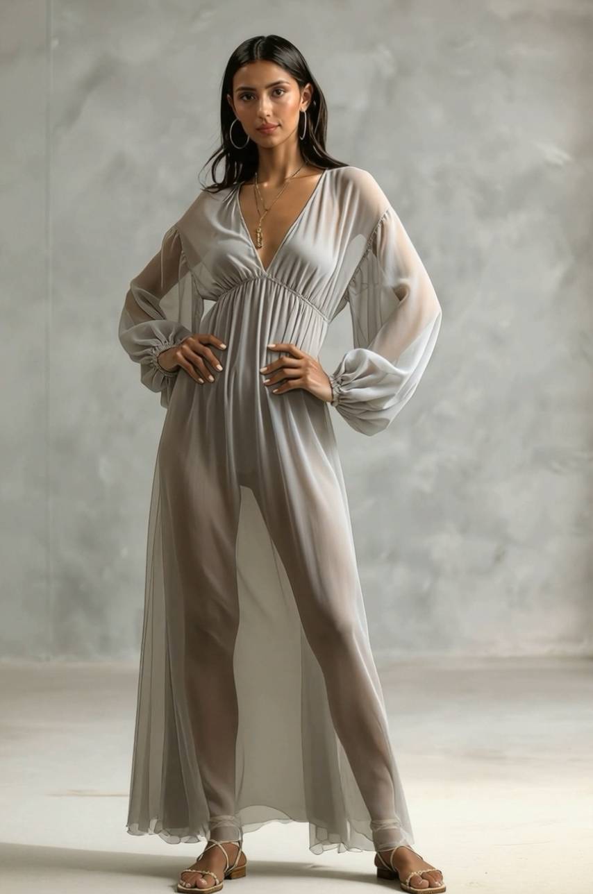 V-neck Long-sleeved Chiffon Maxi Dress
