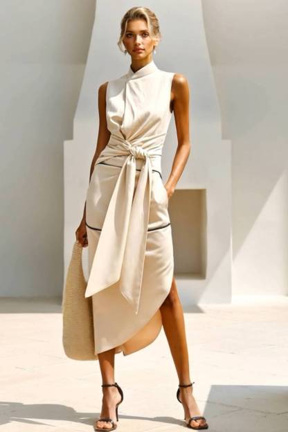 Stand-collar Lace-Up Irregular Hem Dress