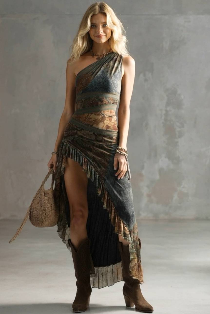 Off-Shoulder Printed Slit Dress