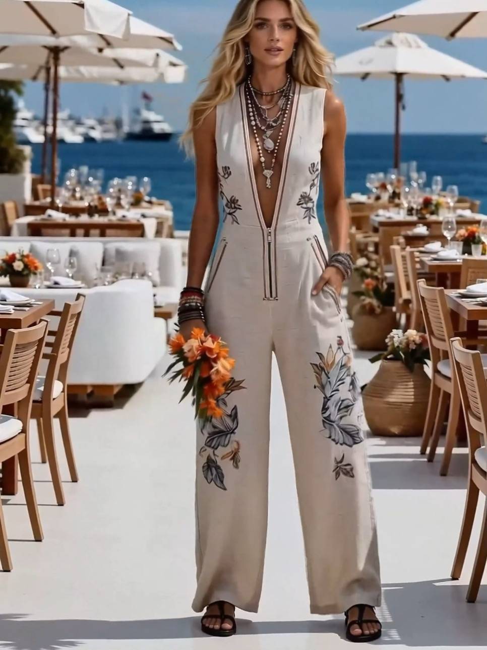 Deep V-Neck Printed Jumpsuit