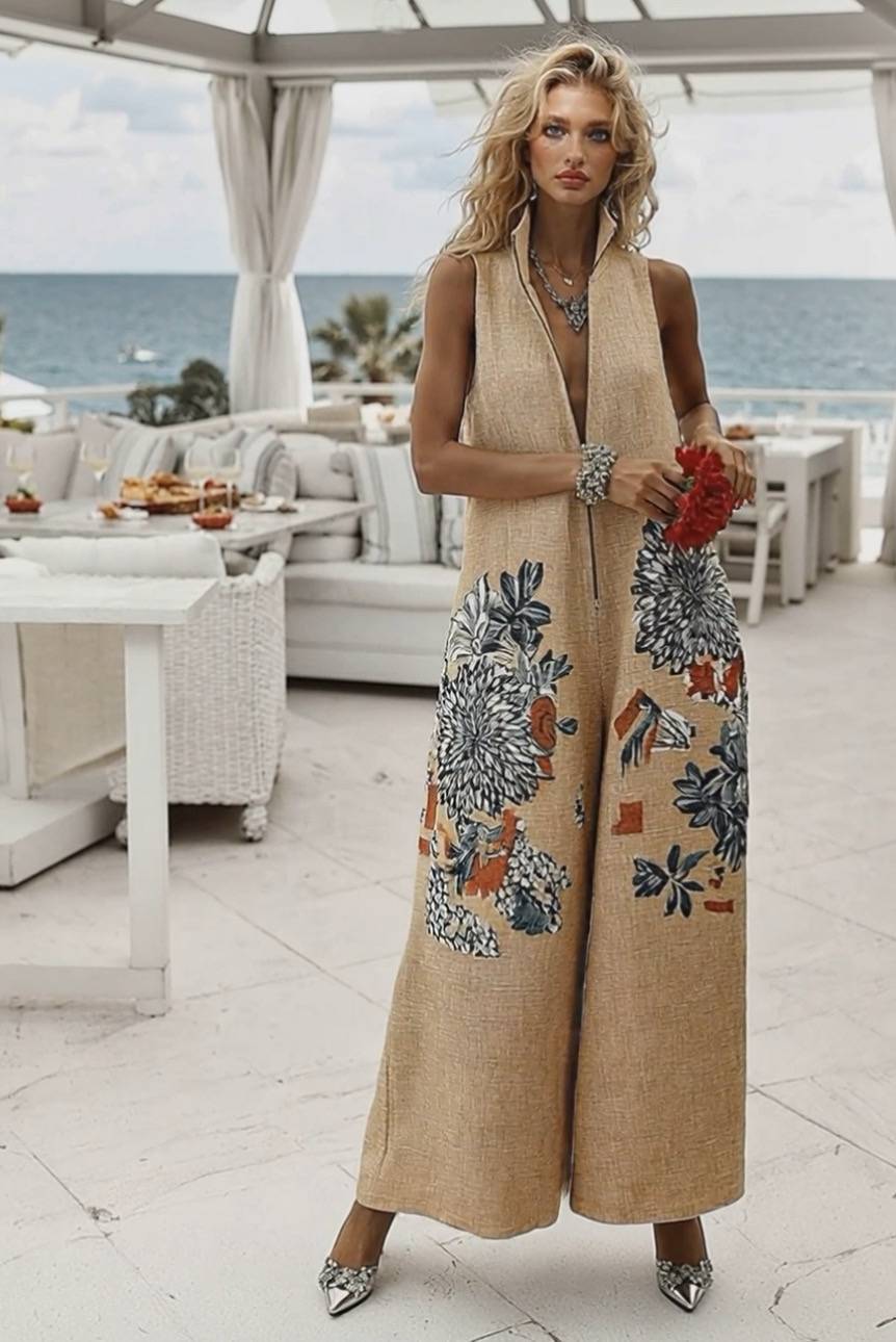 Stand Collar Printed Jumpsuit