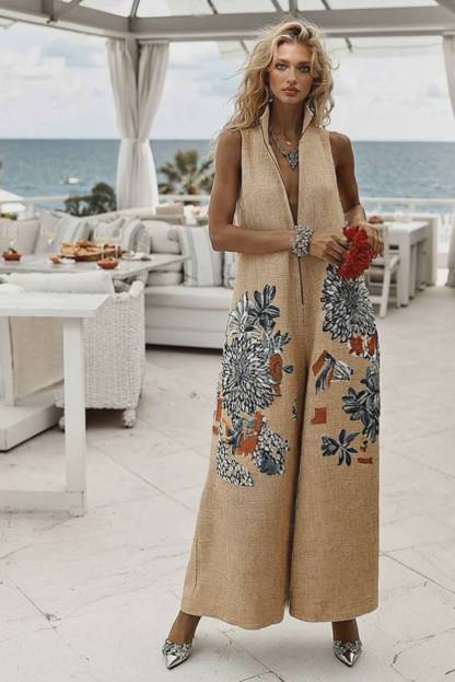 Stand Collar Printed Jumpsuit