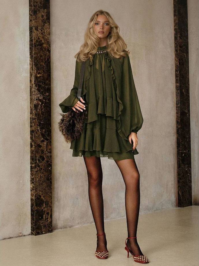 Semi-Sheer Chiffon Ruffle Shirt And Mini Dress Suit（Necklace Not Included）