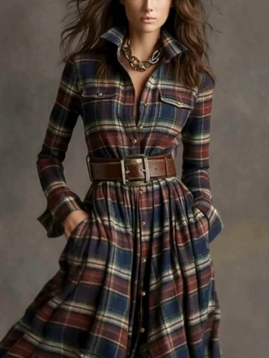 Retro-style Collared Colorful Plaid Maxi Dress