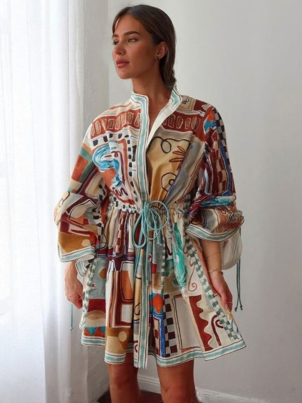 Unique Painted Pattern Print Lace-up Mini Dress