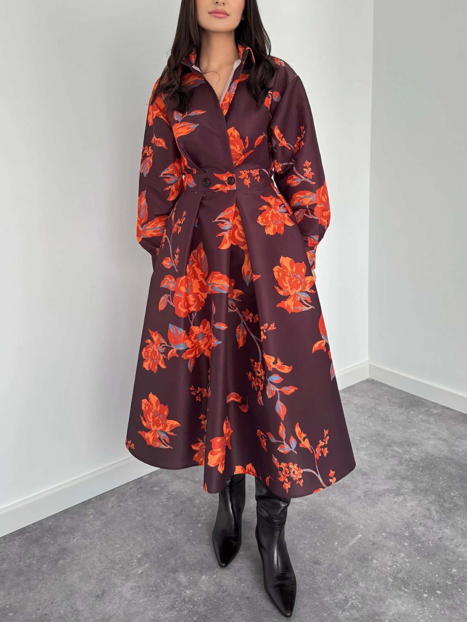 Retro Lapel Floral Print A-Line Midi Dress