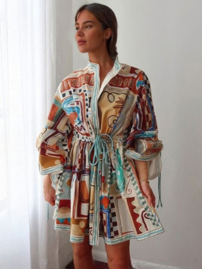 Unique Painted Pattern Print Lace-up Mini Dress