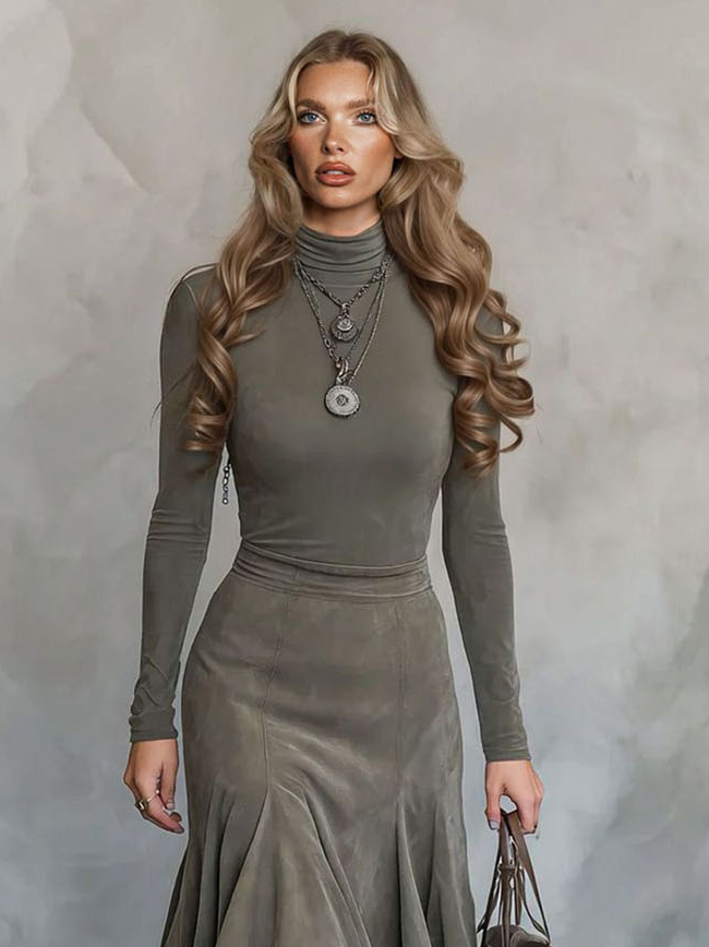 Retro Suede Irregular Midi Skirt Two-piece Set