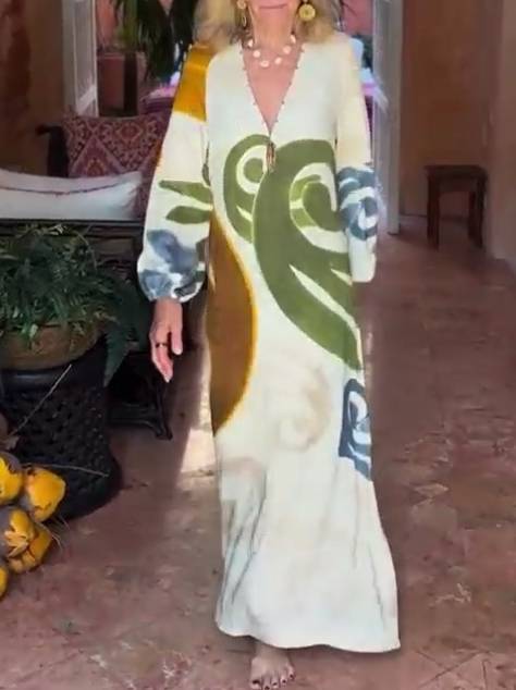 V-Neck Unique Printed Loose Dress