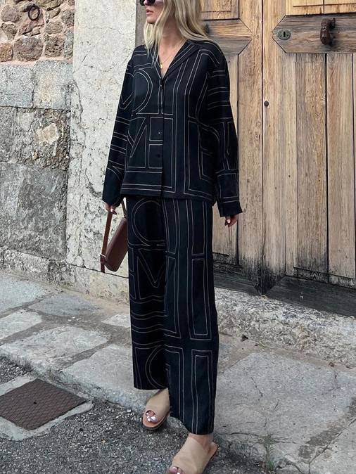 Geometric Letter Print Shirt Wide Leg Suit-Pants