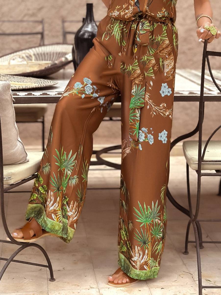 Unique Printed Sling Top And Wide Leg Pants Suit-Pants