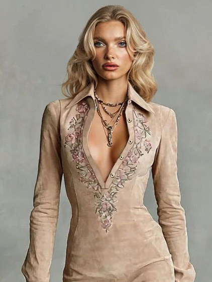 Retro Shirt Collar Embroidered Slim-fit Mini Dress