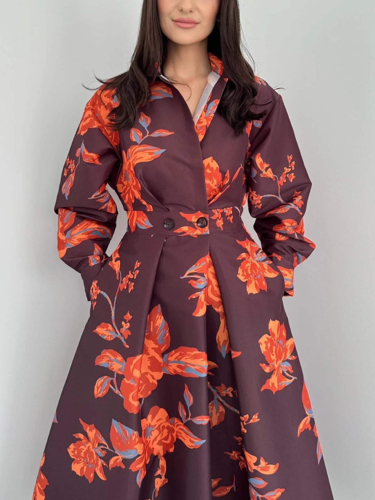 Retro Lapel Floral Print A-Line Midi Dress