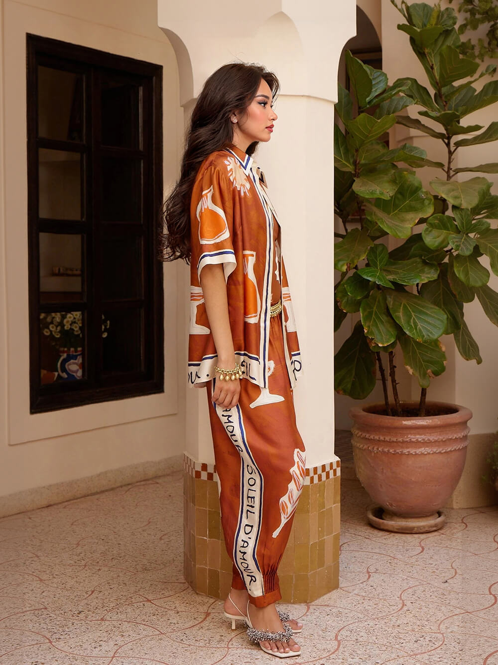 Unique Satin Art Pattern Printed Stand Collar Loose Button Shirt