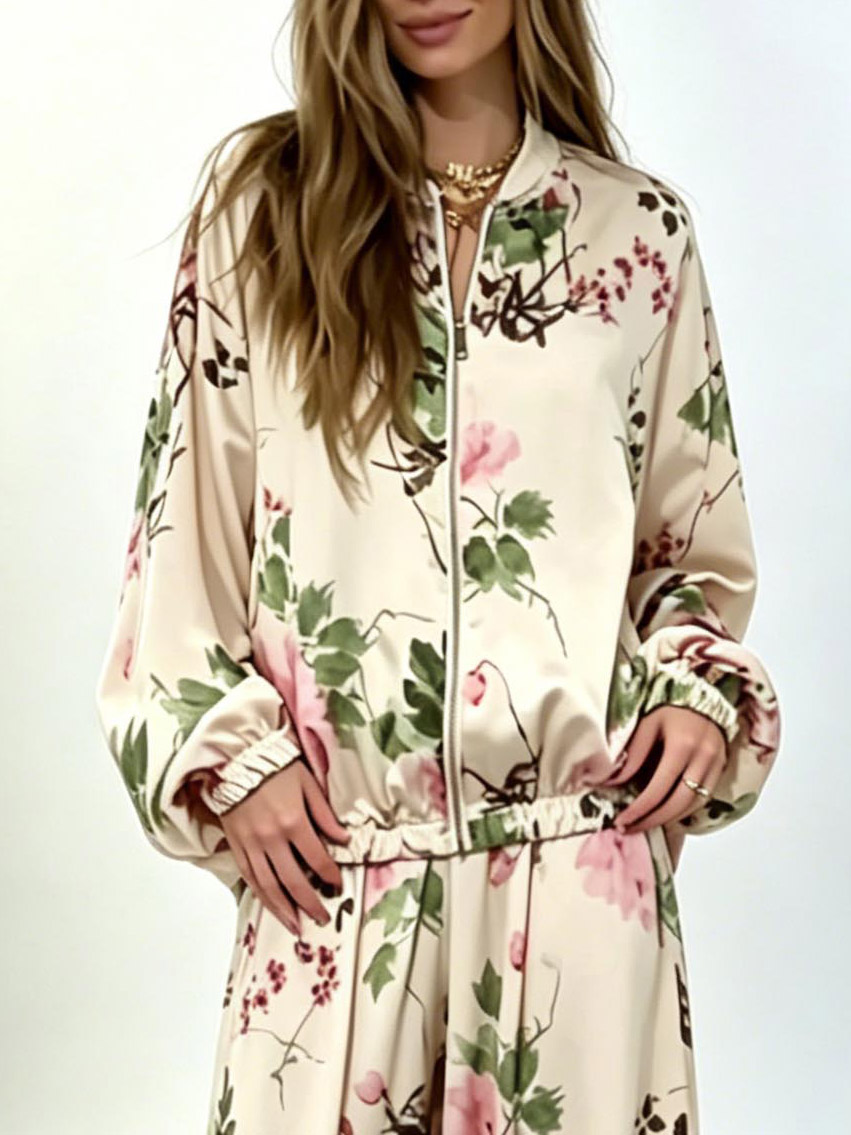 Elegant Floral Satin Zip-Up Jacket & Pants Two-Piece Set