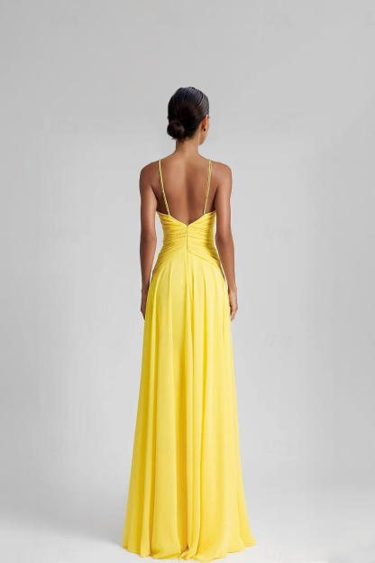 Elegant Rhinestone Pleated Sleeveless Chiffon A-Line Maxi Dress