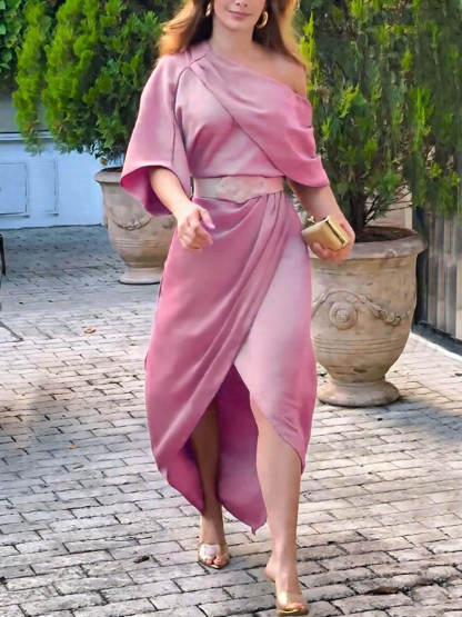 Exquisite Satin Irregular Lapel Neckline Design Ruched Maxi Dress