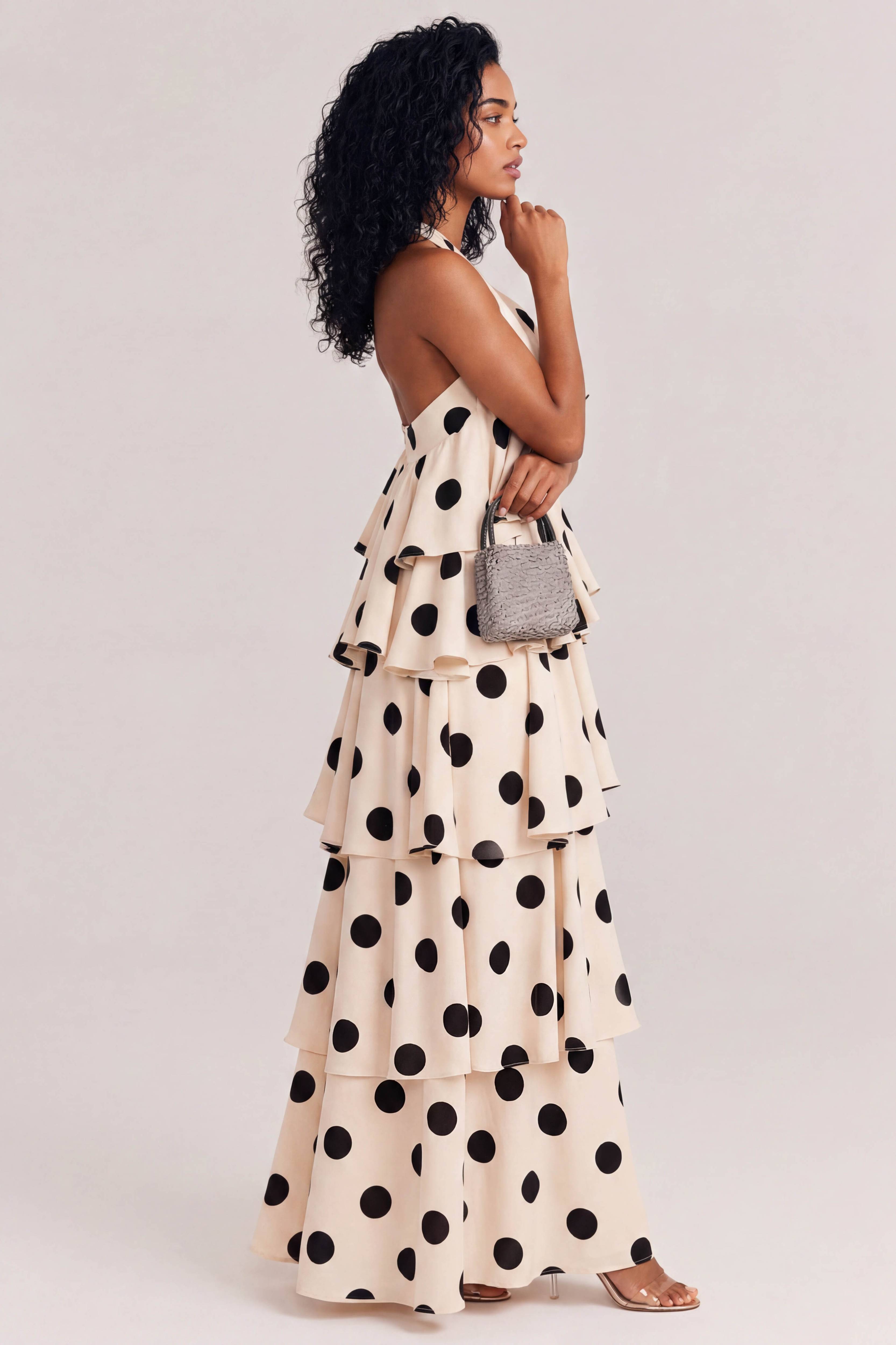 Elegant Halter Neck Polka Dot Tiered Maxi Dress