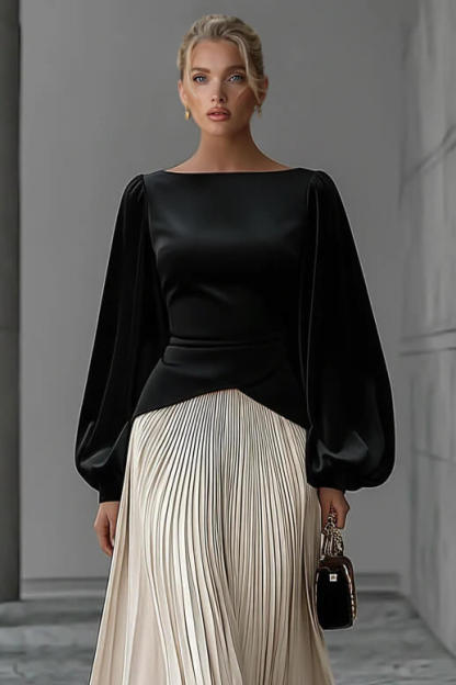 Chic Minimalist Velvet Paneled Pleated-Hem Maxi Dress