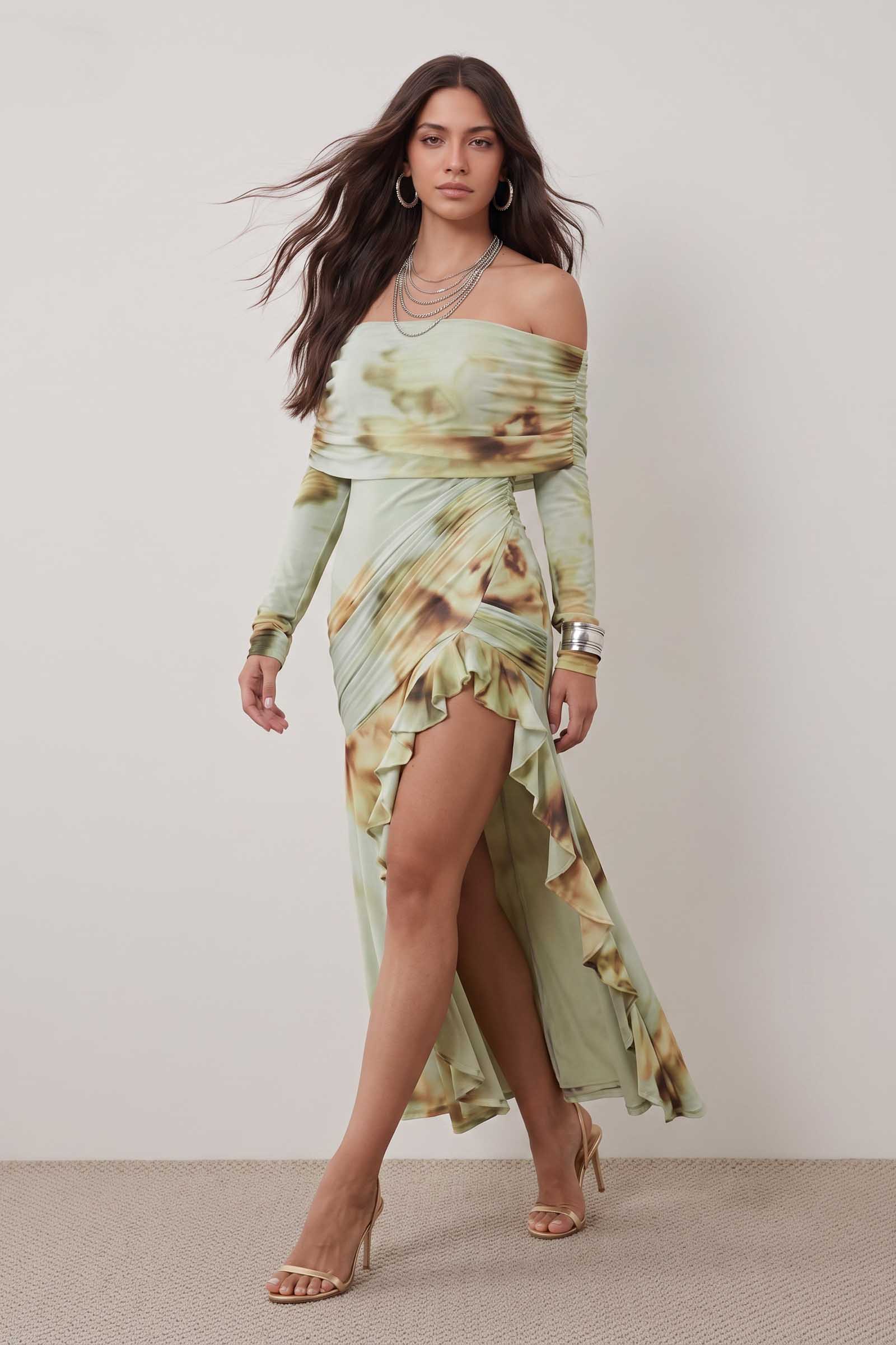 Printed Off-Shoulder Slit Maxi Dress