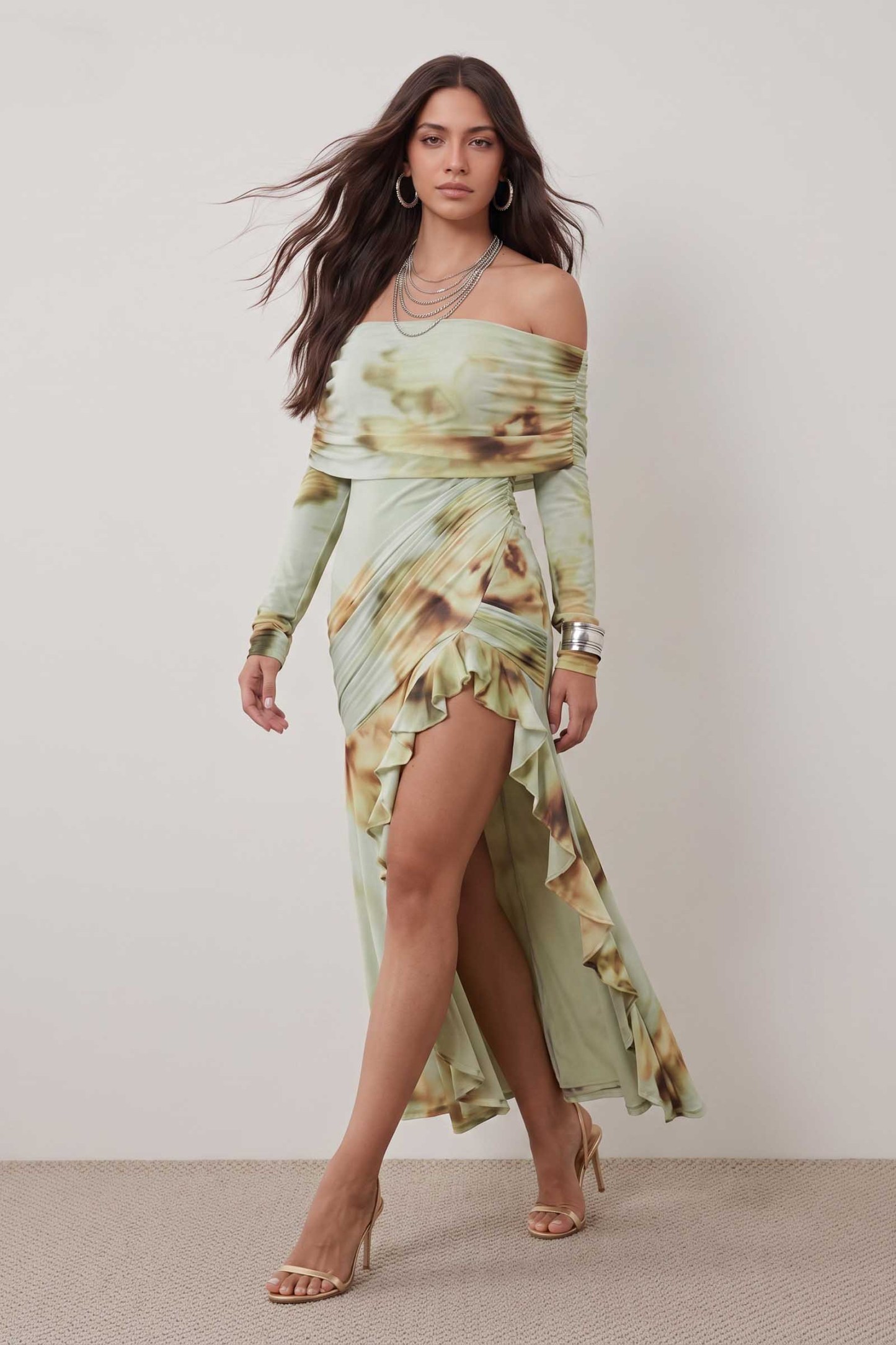 Printed Off-Shoulder Slit Maxi Dress