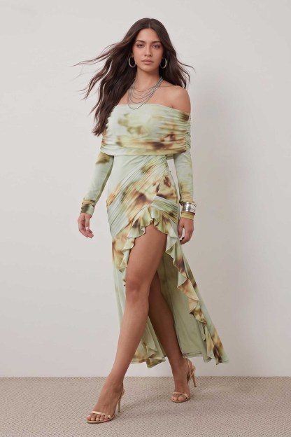 Printed Off-Shoulder Slit Maxi Dress