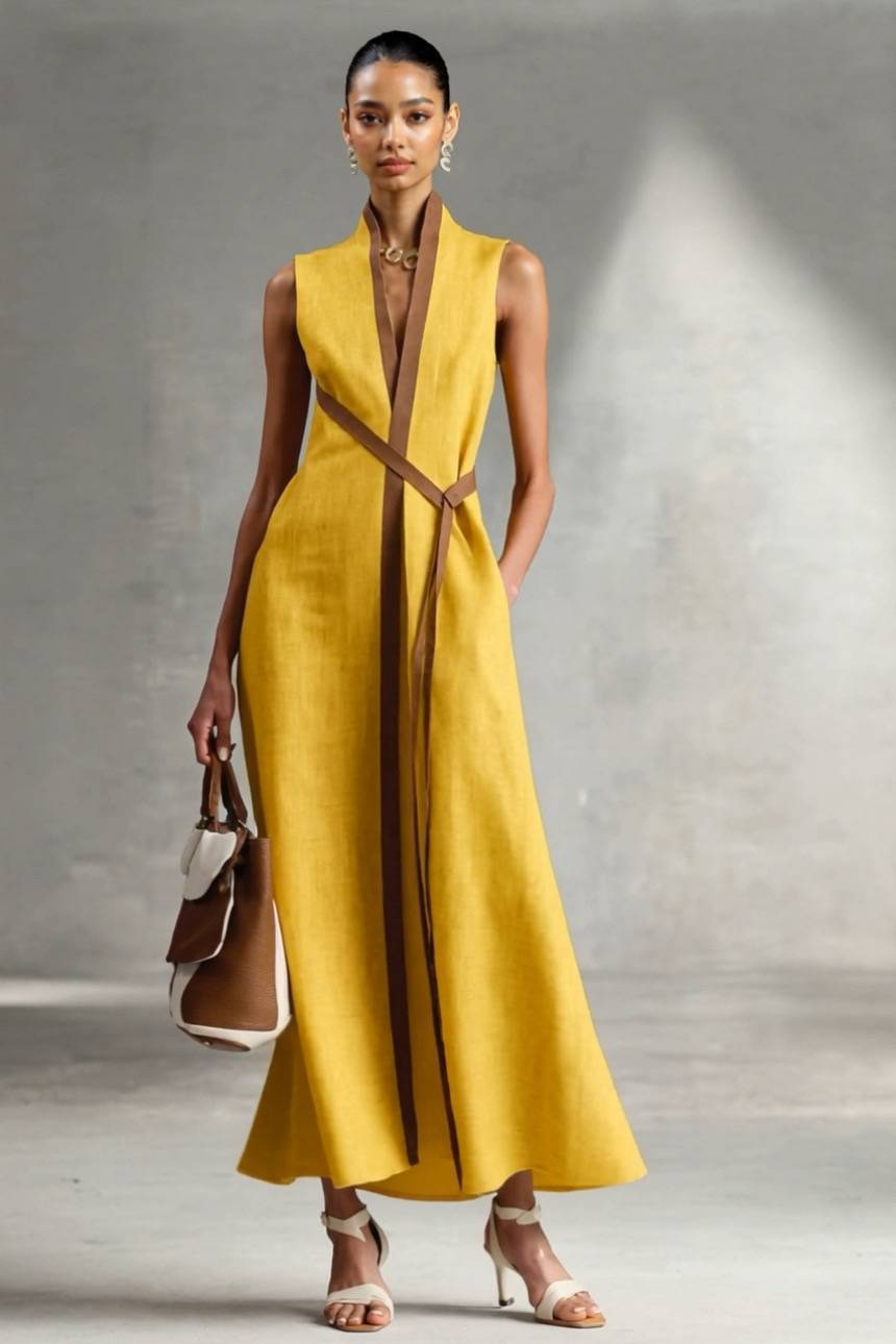 Stand Collar Lace-up Maxi Dress