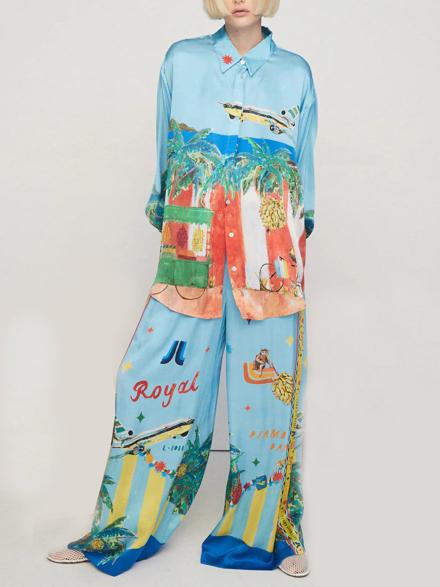 Unique Satin Painted Print Loose Shirt