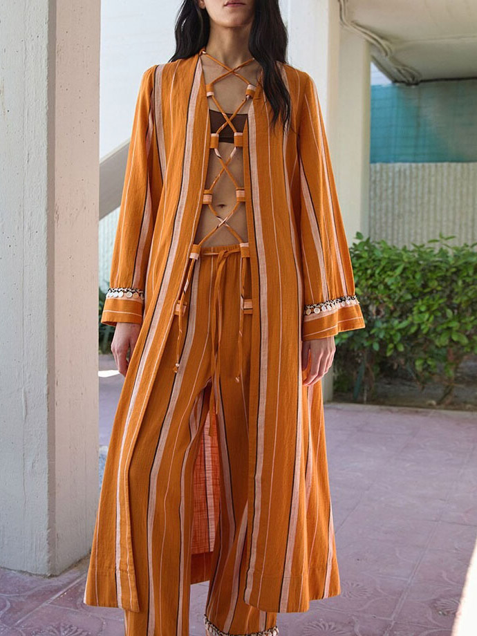 Casual Striped Lace-Up Top & Wide-Leg Pants Two-Piece Set