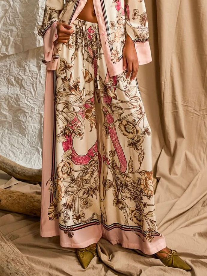 Elegant Floral Print Satin Button-Up Shirt