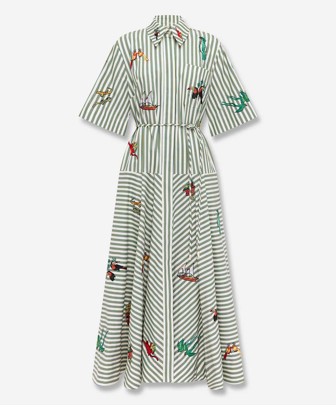 Casual Striped Tropical Print Shirt Maxi Dress
