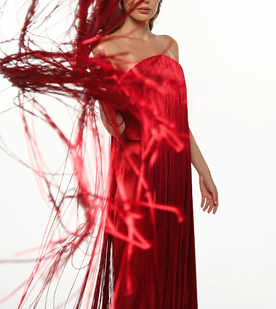 Elegant Strapless Fringe Formal Maxi Dress