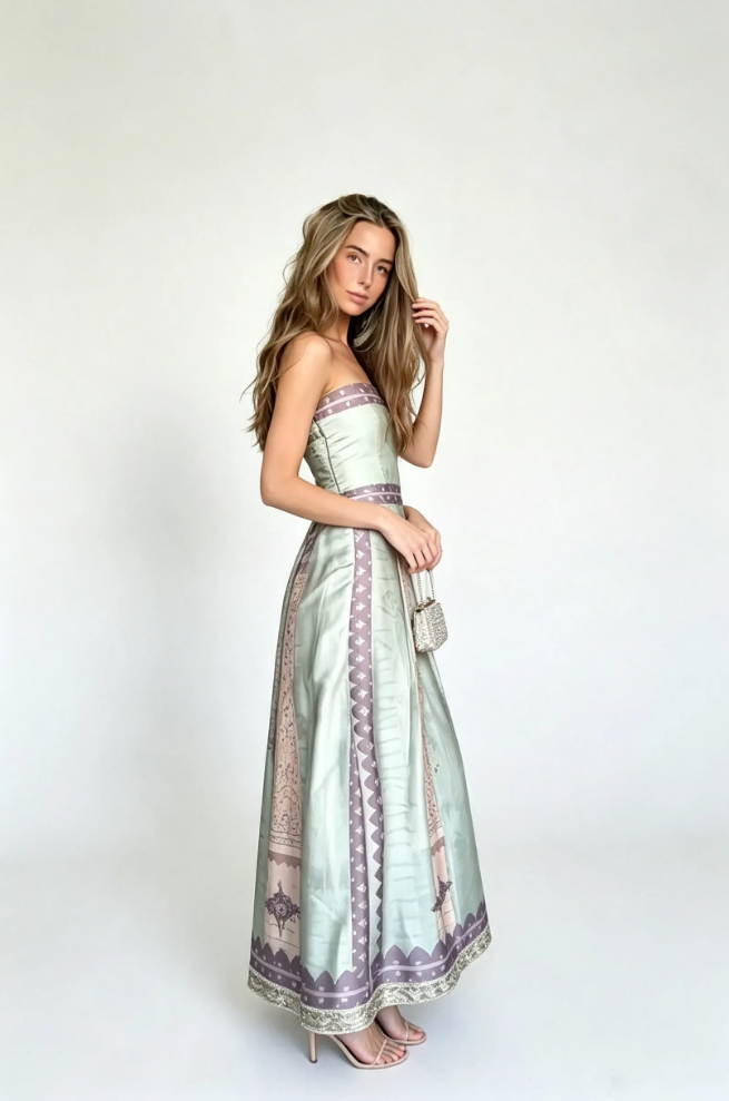 Women's Vintage Boho Strapless Maxi Dress - Sage Green & Purple Border Print Satin Summer Beach Dress