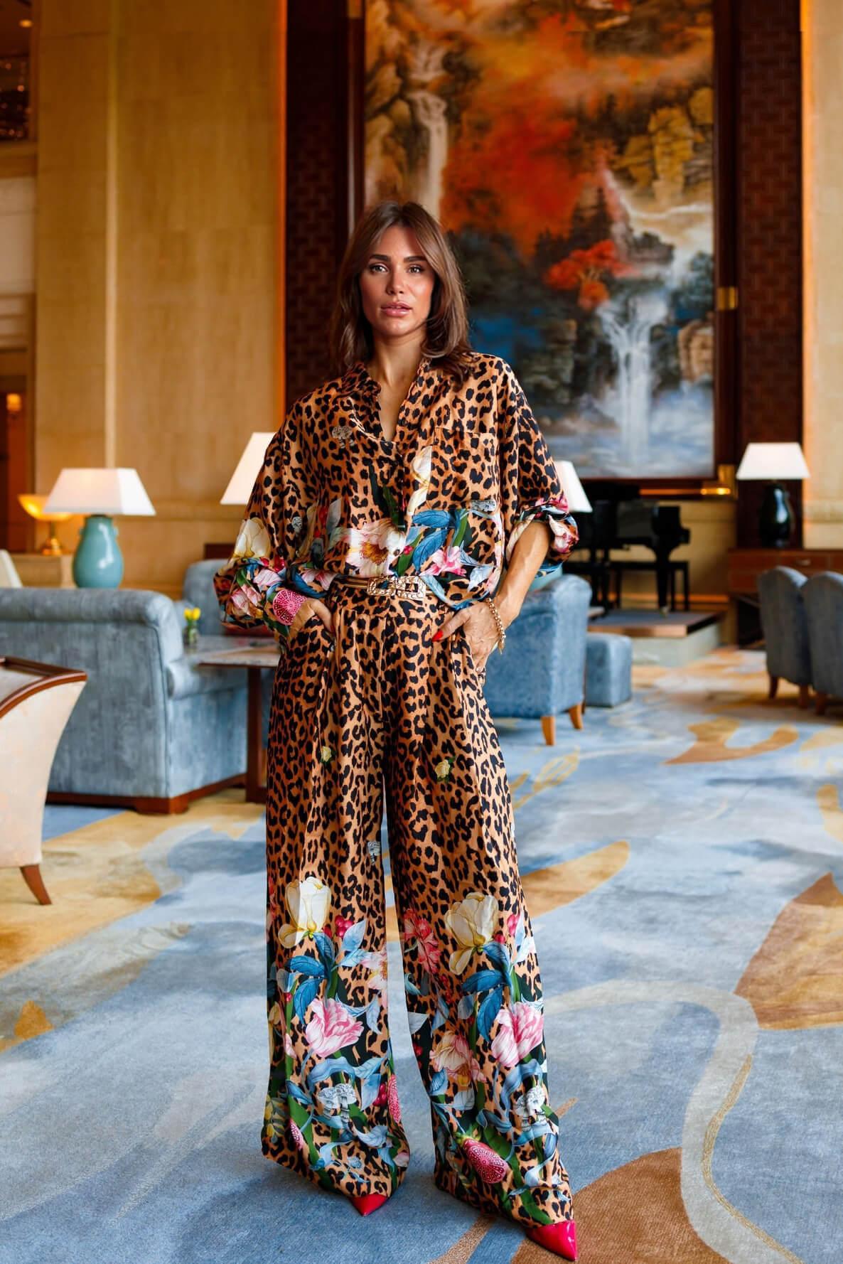 Unique Leopard & Floral Print Loose Button-Up Shirt