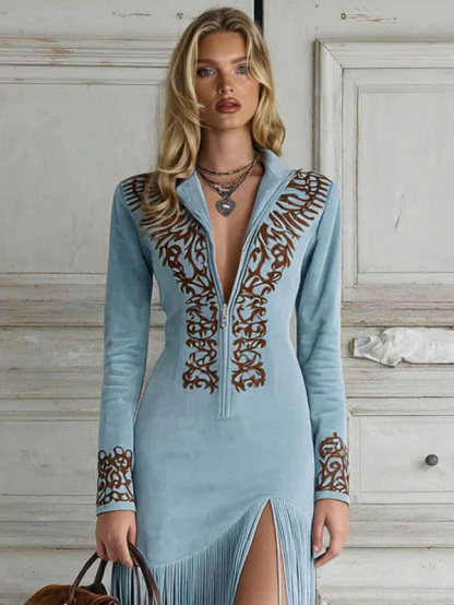 Vintage Western Half-Zip Suede Fringe Dress