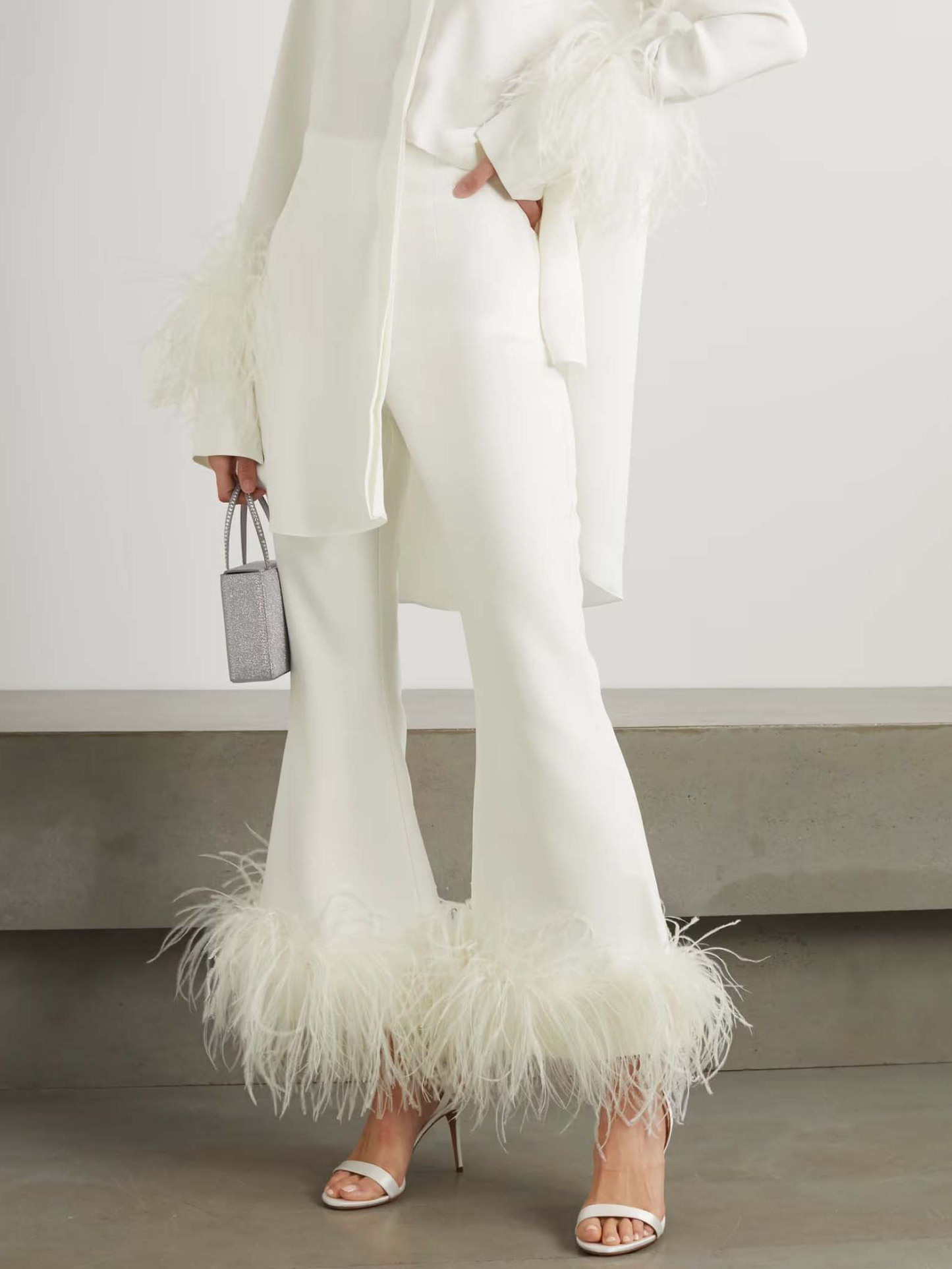 Elegant Satin Feather-trimmed Shirt Two-piece Set