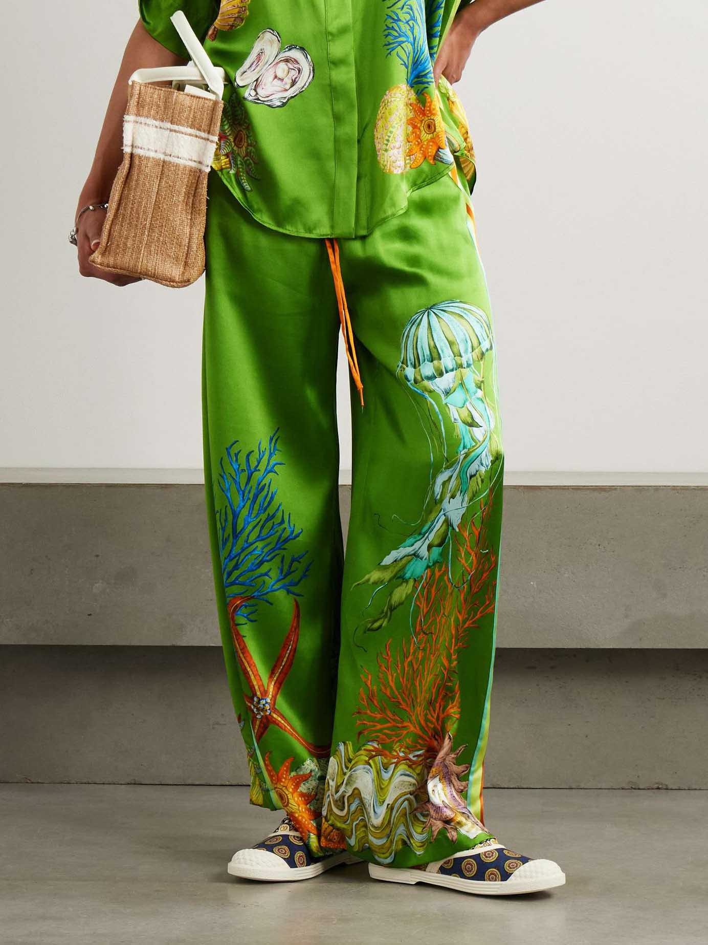 Ocean Print Satin Collared Short Sleeve Shirt